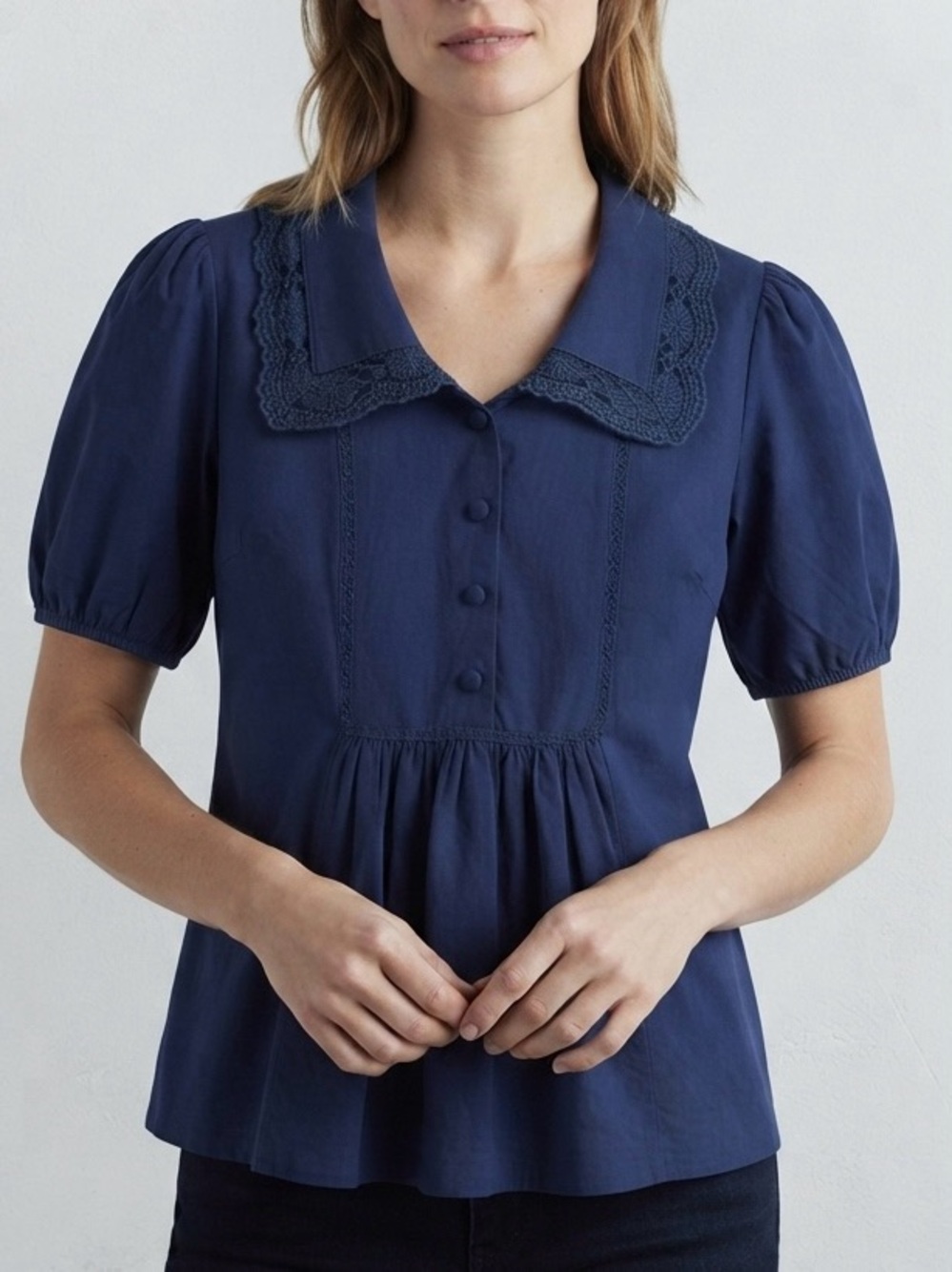 Umgee Navy Blue Lace-Collar Blouse